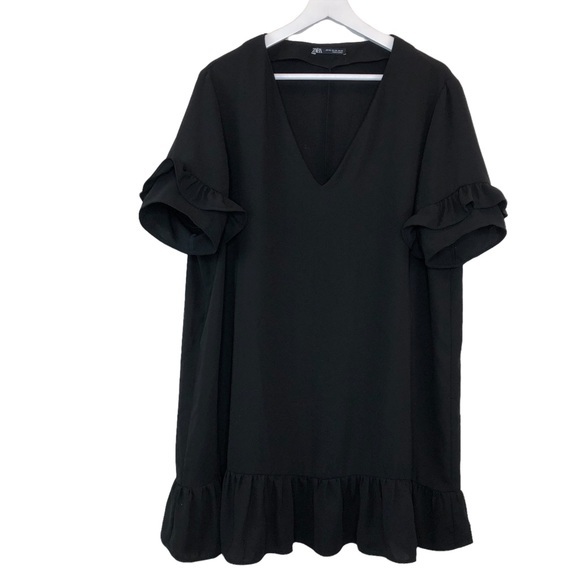 Zara Dresses & Skirts - Zara V Neck Short Sleeve Ruffle Blouse Dress Black